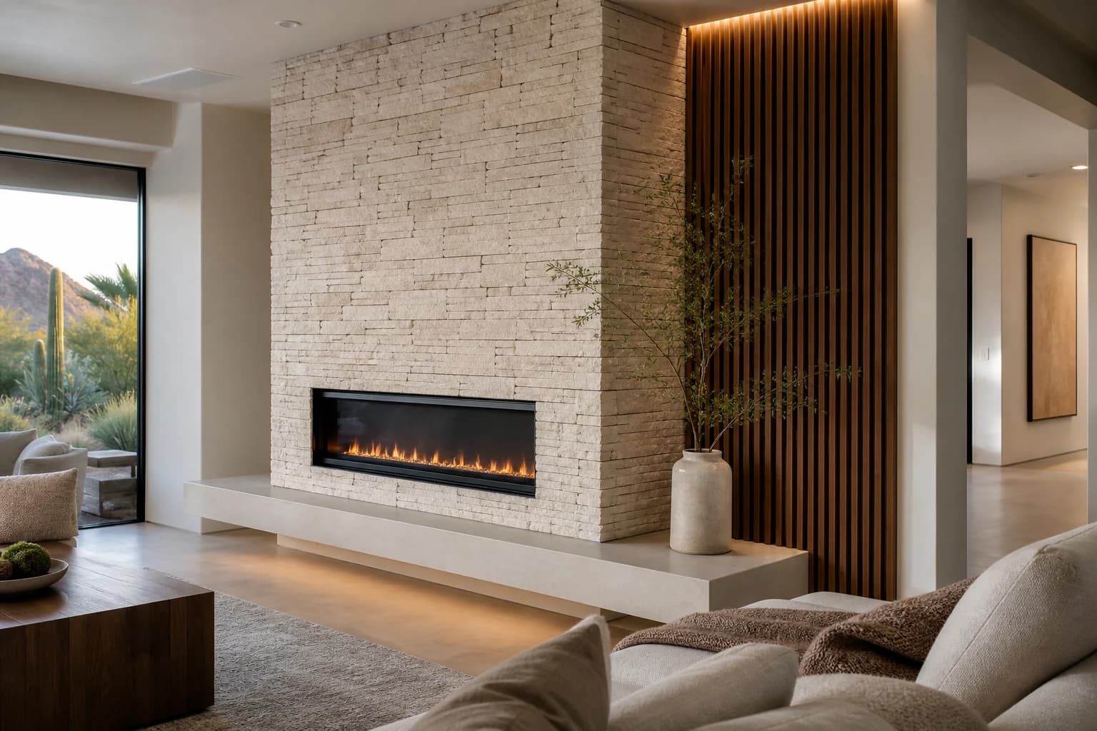Scottsdale Arizona living room with stone fireplace feature wall, vertical walnut slat accent, and floating hearth