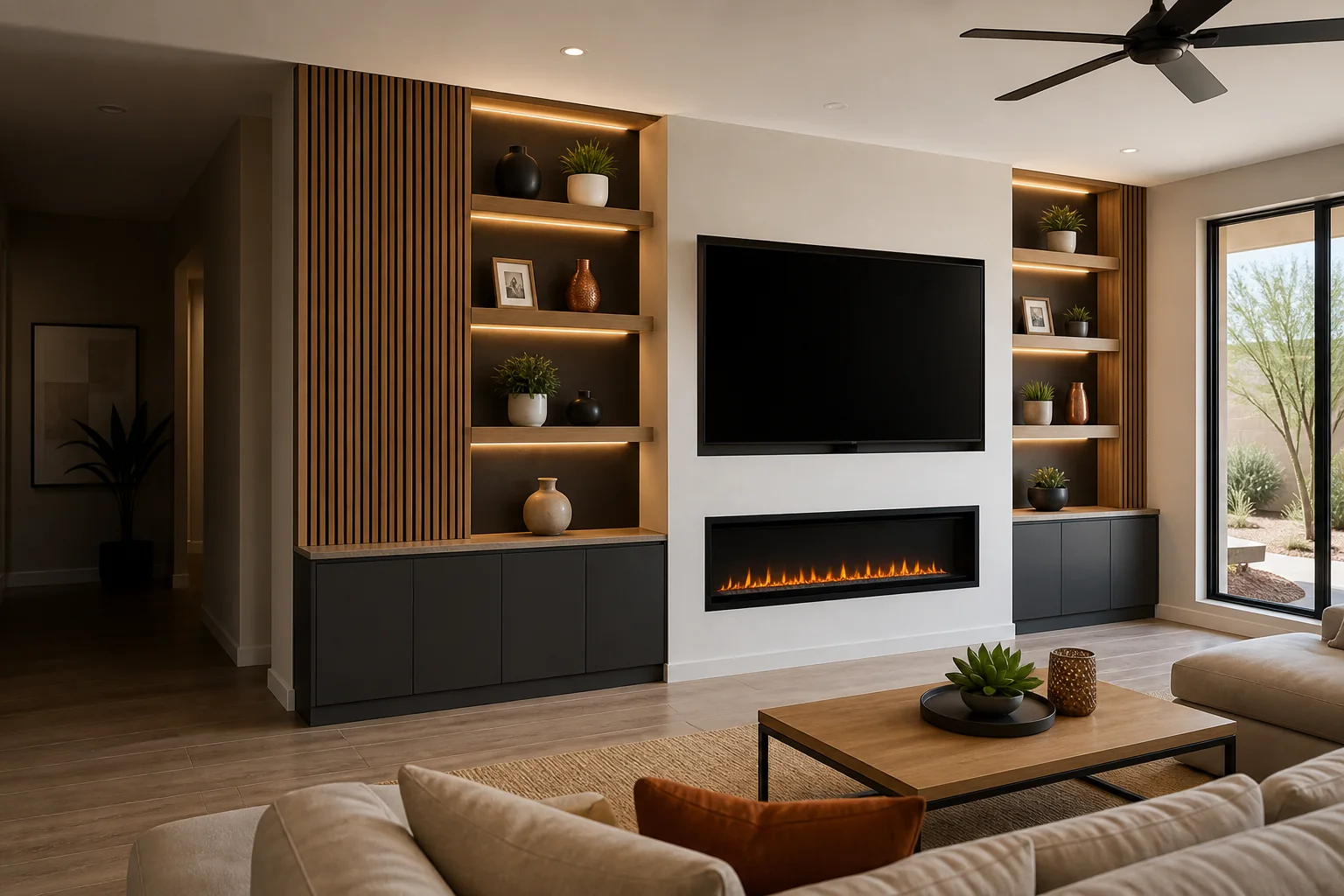 Custom media wall with electric fireplace, shelves, and cabinets in an East Valley Arizona living room