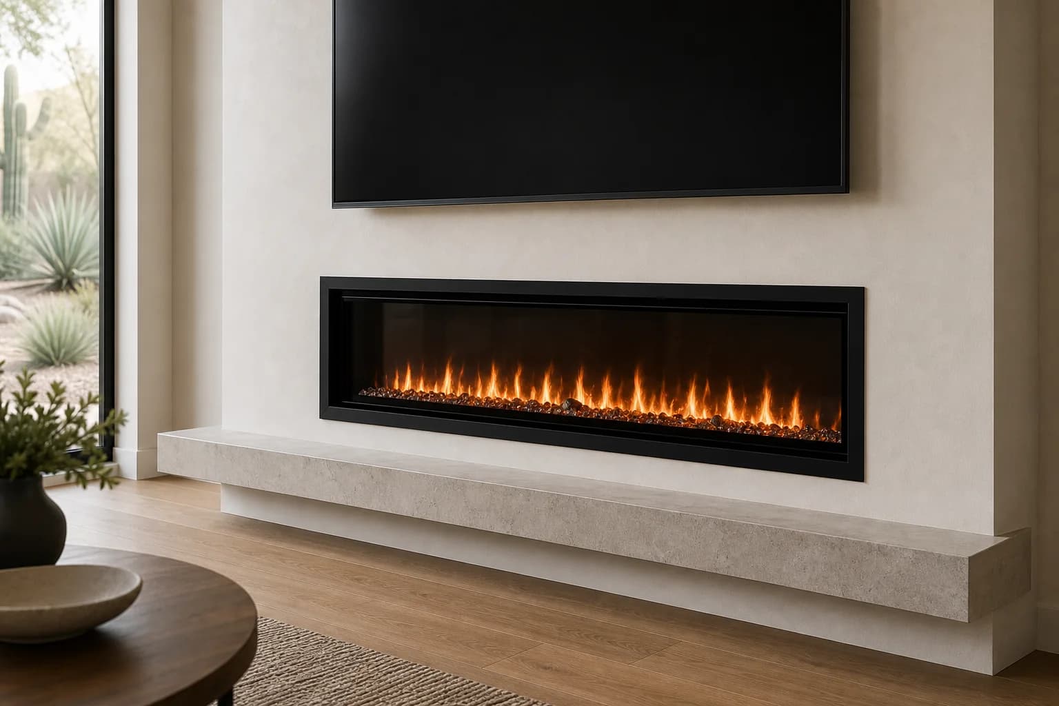 Linear electric fireplace wall with smooth surround and clean Arizona remodel finish
