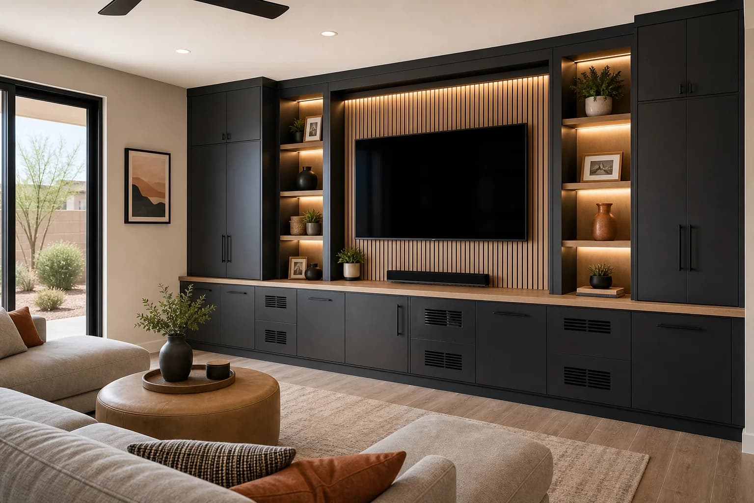 Full built-in media storage wall with charcoal cabinets, TV niche, and concealed storage